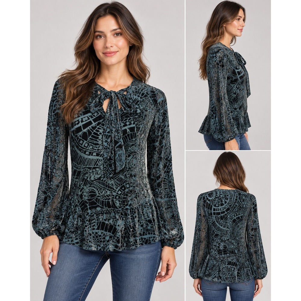 Johnny Was Blouse Burnout Velvet Silk Blend Tie Neck Boho Teal XS